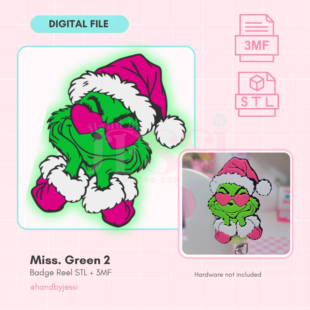 STL/3MF FILE ONLY – Miss Green Pink Glasses badge reel topper